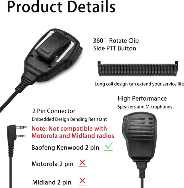 Alt view image 9 of 12 - SAMCOM Shoulder Mic of Walkie Talkies, Two Way Radio Speaker Microphone, Handheld Walkie Talkie Microphone for Most 2 Way Radios, 2 Pin Radio Mic with PTT (2 Pack)