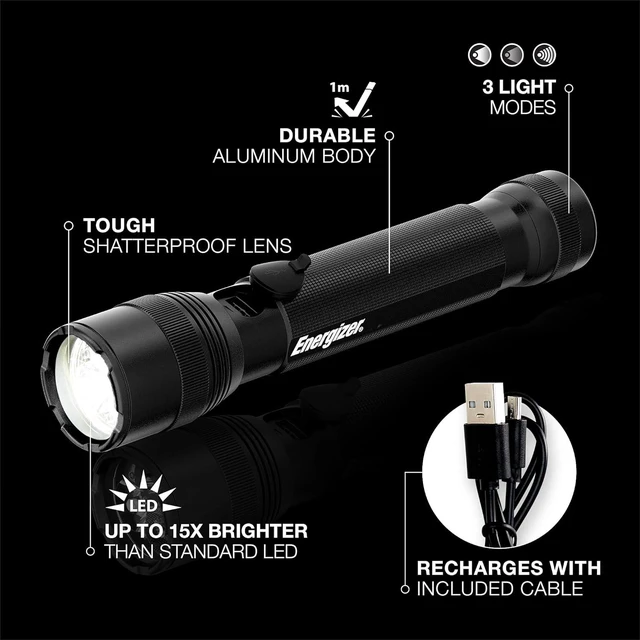 Alt view image 7 of 10 - Energizer TacR-1000 Rechargeable Tactical Flashlight, Bright Flashlight for Emergencies, Survival Kit and Camping Gear, Water Resistant, USB Included