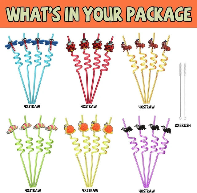 Alt view image 11 of 14 - 24 Bug Birthday Party Supplies Reusable Plastic Straws for Insect Themed Party Favors Decorations with 2 Cleaning Brushes