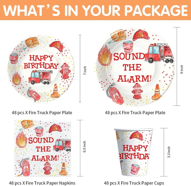 Alt view image 9 of 14 - Fire Truck Birthday Party Supplies - Firetruck Firefighter Birthday Party Decorations Tableware Include 9" Fire Truck Party Plates, 7" Plate, Cups, Napkins, Fireman Party Supplies | Serve 48