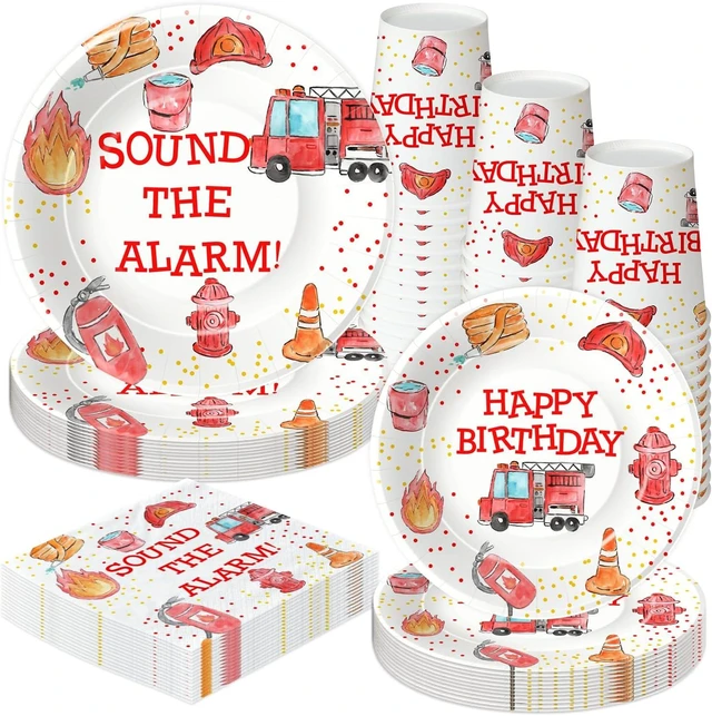 Alt view image 8 of 14 - Fire Truck Birthday Party Supplies - Firetruck Firefighter Birthday Party Decorations Tableware Include 9" Fire Truck Party Plates, 7" Plate, Cups, Napkins, Fireman Party Supplies | Serve 48