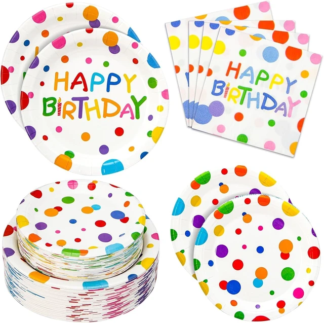 Alt view image 8 of 14 - 180PCS Happy Birthday Party Supplies Serves 60,Rainbow Dot Party Paper Plates and Napkins Set for Kids Boys Girls Birthday Party Decorations