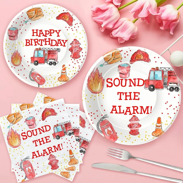 Alt view image 11 of 14 - Fire Truck Birthday Party Supplies - Firetruck Firefighter Birthday Party Decorations Tableware Include 9" Fire Truck Party Plates, 7" Plate, Cups, Napkins, Fireman Party Supplies | Serve 48