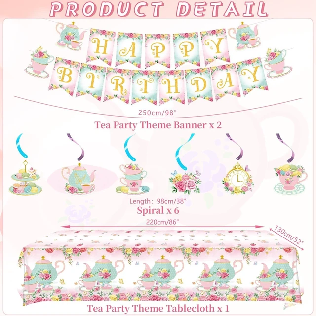 Alt view image 10 of 14 - KEFAN Tea Birthday Party Decorations, Tea Theme Party Tableware Supplies including HAPPY BIRTHDAY Banner, Plates, Cups, Napkins, Tablecloth, Balloons for Girls Birthday Party, Serves 20