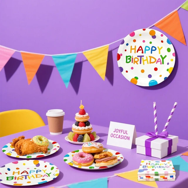 Alt view image 12 of 14 - 180PCS Happy Birthday Party Supplies Serves 60,Rainbow Dot Party Paper Plates and Napkins Set for Kids Boys Girls Birthday Party Decorations
