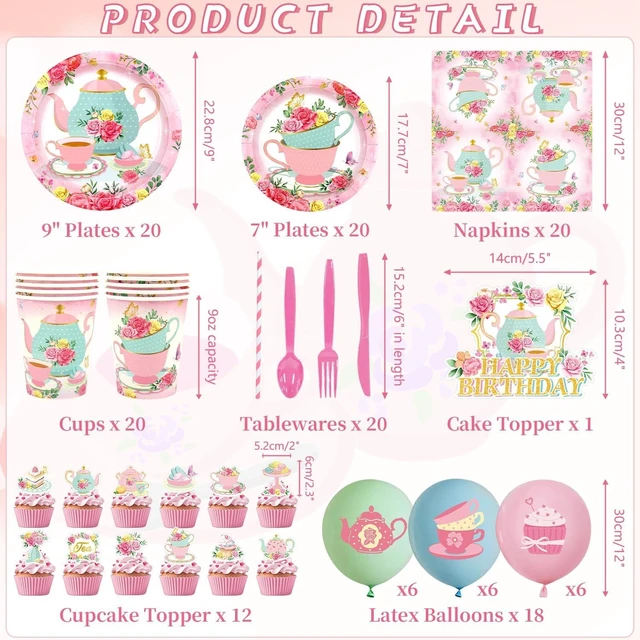 Alt view image 9 of 14 - KEFAN Tea Birthday Party Decorations, Tea Theme Party Tableware Supplies including HAPPY BIRTHDAY Banner, Plates, Cups, Napkins, Tablecloth, Balloons for Girls Birthday Party, Serves 20