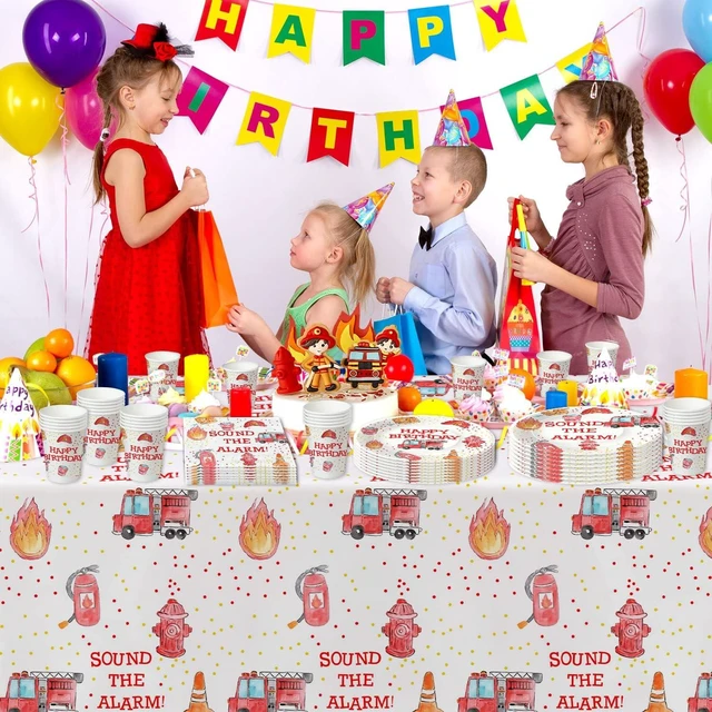 Alt view image 12 of 14 - Fire Truck Birthday Party Supplies - Firetruck Firefighter Birthday Party Decorations Tableware Include 9" Fire Truck Party Plates, 7" Plate, Cups, Napkins, Fireman Party Supplies | Serve 48