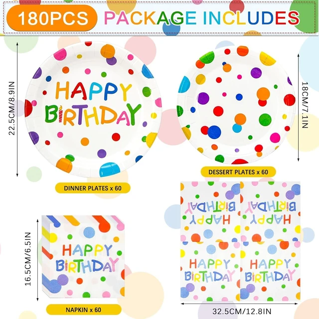Alt view image 9 of 14 - 180PCS Happy Birthday Party Supplies Serves 60,Rainbow Dot Party Paper Plates and Napkins Set for Kids Boys Girls Birthday Party Decorations