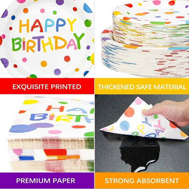 Alt view image 10 of 14 - 180PCS Happy Birthday Party Supplies Serves 60,Rainbow Dot Party Paper Plates and Napkins Set for Kids Boys Girls Birthday Party Decorations