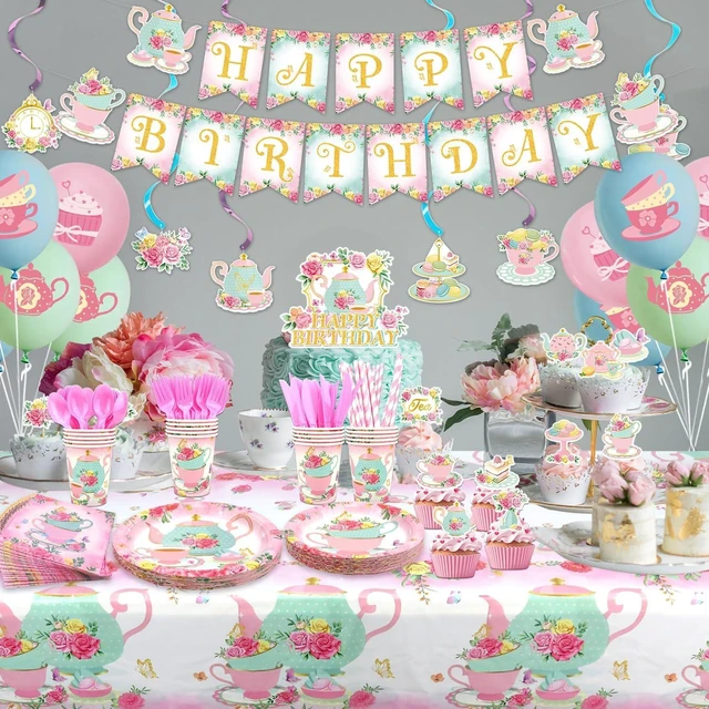 Alt view image 13 of 14 - KEFAN Tea Birthday Party Decorations, Tea Theme Party Tableware Supplies including HAPPY BIRTHDAY Banner, Plates, Cups, Napkins, Tablecloth, Balloons for Girls Birthday Party, Serves 20