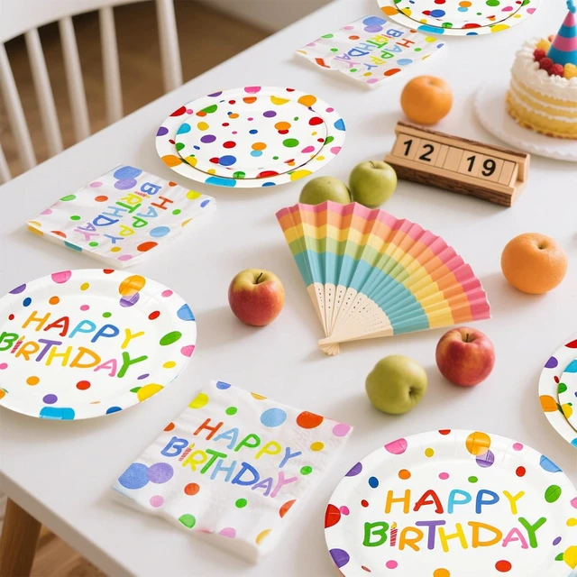 Alt view image 11 of 14 - 180PCS Happy Birthday Party Supplies Serves 60,Rainbow Dot Party Paper Plates and Napkins Set for Kids Boys Girls Birthday Party Decorations