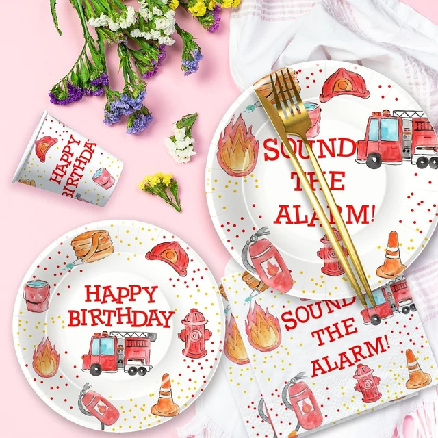 Alt view image 14 of 14 - Fire Truck Birthday Party Supplies - Firetruck Firefighter Birthday Party Decorations Tableware Include 9" Fire Truck Party Plates, 7" Plate, Cups, Napkins, Fireman Party Supplies | Serve 48