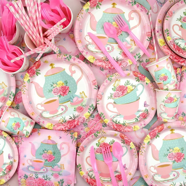 Alt view image 12 of 14 - KEFAN Tea Birthday Party Decorations, Tea Theme Party Tableware Supplies including HAPPY BIRTHDAY Banner, Plates, Cups, Napkins, Tablecloth, Balloons for Girls Birthday Party, Serves 20