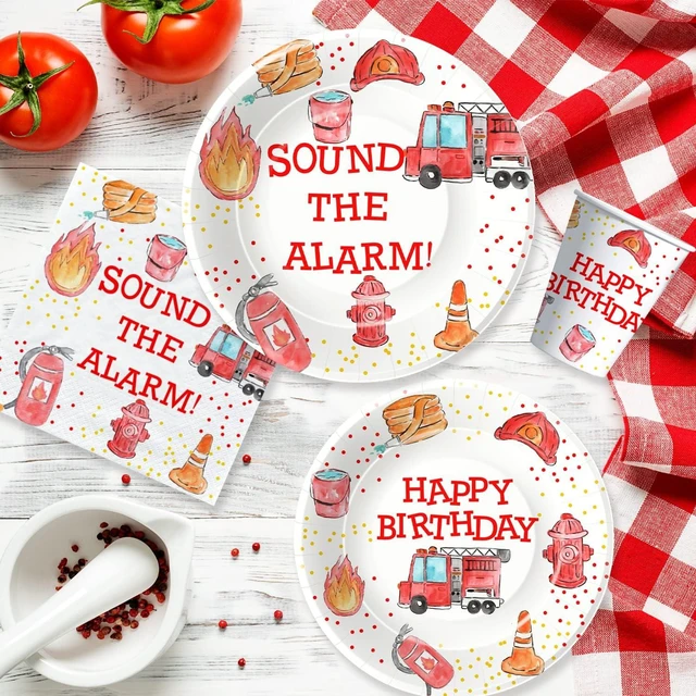 Alt view image 13 of 14 - Fire Truck Birthday Party Supplies - Firetruck Firefighter Birthday Party Decorations Tableware Include 9" Fire Truck Party Plates, 7" Plate, Cups, Napkins, Fireman Party Supplies | Serve 48