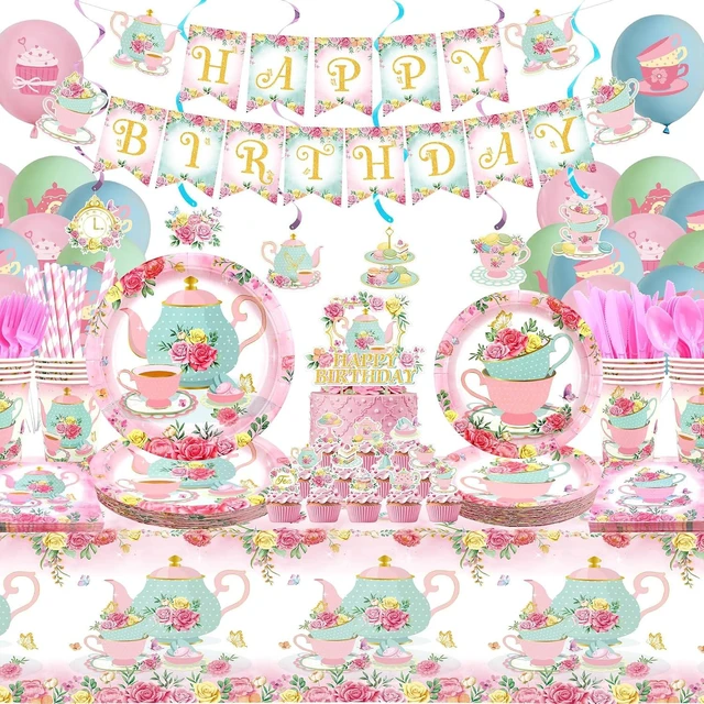 Alt view image 8 of 14 - KEFAN Tea Birthday Party Decorations, Tea Theme Party Tableware Supplies including HAPPY BIRTHDAY Banner, Plates, Cups, Napkins, Tablecloth, Balloons for Girls Birthday Party, Serves 20