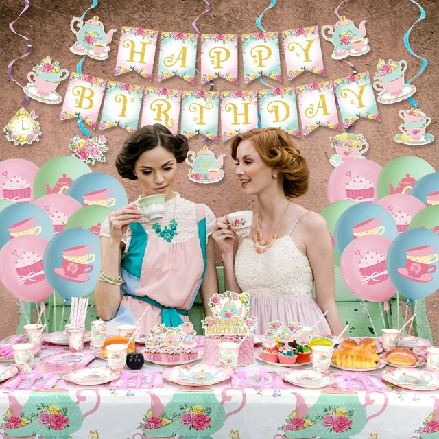 Alt view image 14 of 14 - KEFAN Tea Birthday Party Decorations, Tea Theme Party Tableware Supplies including HAPPY BIRTHDAY Banner, Plates, Cups, Napkins, Tablecloth, Balloons for Girls Birthday Party, Serves 20