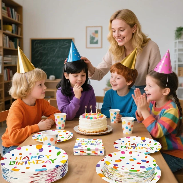 Alt view image 14 of 14 - 180PCS Happy Birthday Party Supplies Serves 60,Rainbow Dot Party Paper Plates and Napkins Set for Kids Boys Girls Birthday Party Decorations