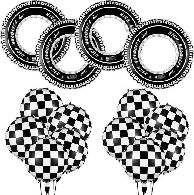 Alt view image 8 of 14 - 14 Pcs Car Decorations Racing Cars Birthday Party Supplies 4 Tire Tube Swim Ring Inflatable Tire Floats for Pool with 10 Balloons 18 Inch Race Balloons for Birthday Party(Plaid Style)