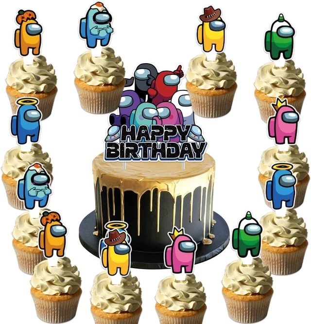 Alt view image 6 of 10 - 25Pcs Among Game Birthday Party Supplies Pack Includes 1 Cake Topper 24 Cupcake Toppers for Among Game Party Supplies