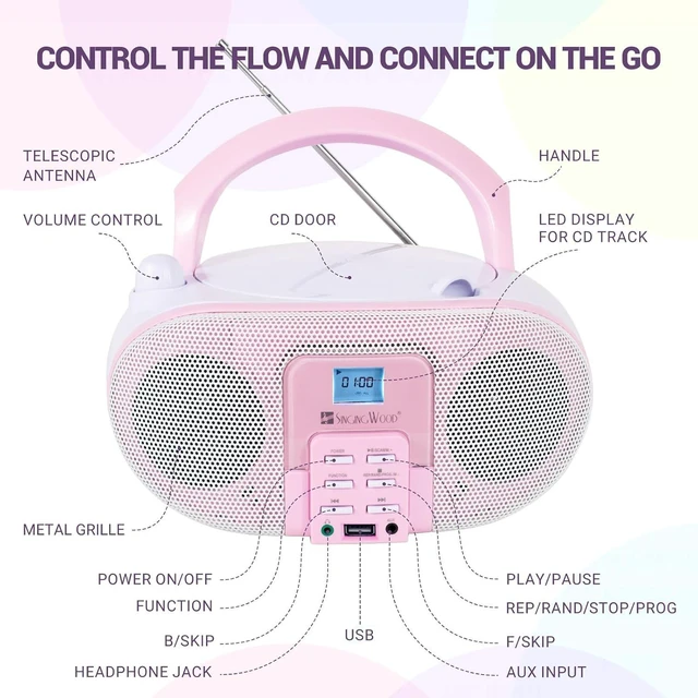 Alt view image 10 of 14 - SingingWood Portable CD Player Boombox (Rose) - Macarons Series Bluetooth Speaker with FM Radio, USB, Aux-in & Headphone Jack | Compact Kids Stereo System for Home & Travel (AC or Battery Powered)