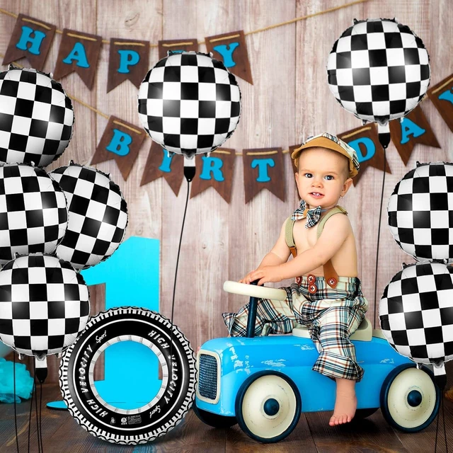 Alt view image 12 of 14 - 14 Pcs Car Decorations Racing Cars Birthday Party Supplies 4 Tire Tube Swim Ring Inflatable Tire Floats for Pool with 10 Balloons 18 Inch Race Balloons for Birthday Party(Plaid Style)