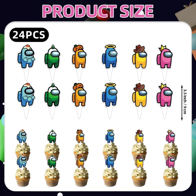 Alt view image 7 of 10 - 25Pcs Among Game Birthday Party Supplies Pack Includes 1 Cake Topper 24 Cupcake Toppers for Among Game Party Supplies