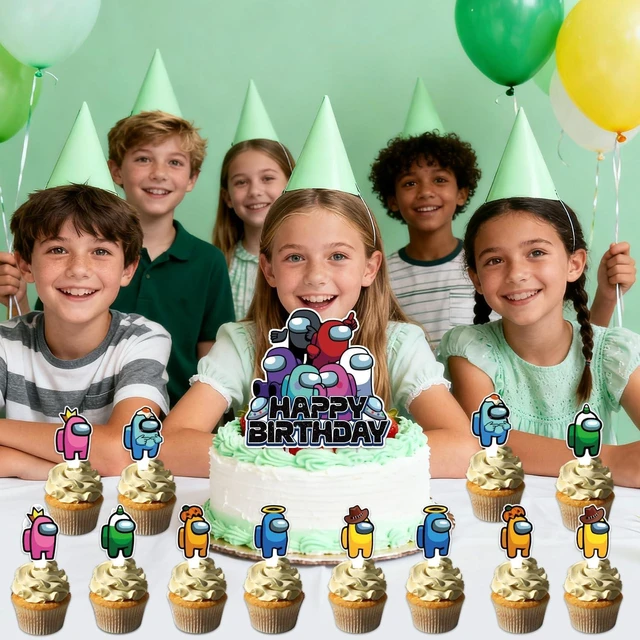 Alt view image 9 of 10 - 25Pcs Among Game Birthday Party Supplies Pack Includes 1 Cake Topper 24 Cupcake Toppers for Among Game Party Supplies