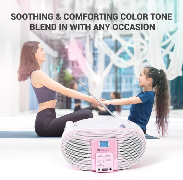 Alt view image 13 of 14 - SingingWood Portable CD Player Boombox (Rose) - Macarons Series Bluetooth Speaker with FM Radio, USB, Aux-in & Headphone Jack | Compact Kids Stereo System for Home & Travel (AC or Battery Powered)