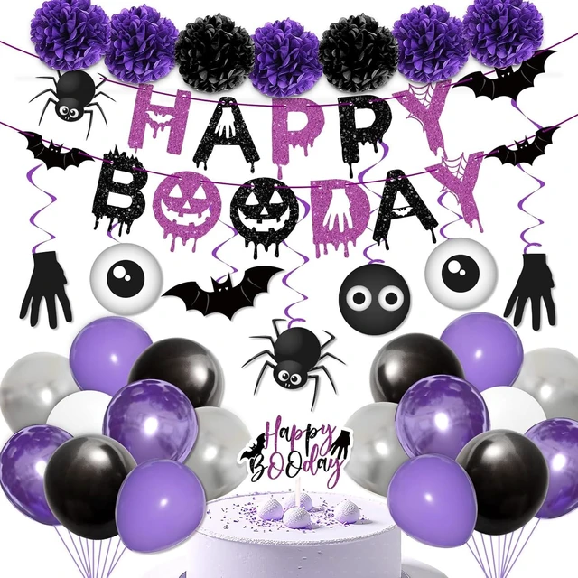 Alt view image 8 of 14 - Halloween Birthday Party Decorations Balloon Banner Paper Pompom Cake Topper Hanging Swirl for Halloween Happy Boo Day Party Supplies