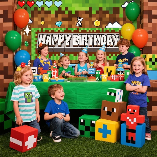 Alt view image 10 of 14 - Pixel Birthday Party Decorations Pixel Video Game Banner for Miner Birthday Party Backdrop Photo Background Wall Decor Mining Party Supplies
