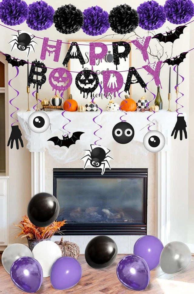 Alt view image 12 of 14 - Halloween Birthday Party Decorations Balloon Banner Paper Pompom Cake Topper Hanging Swirl for Halloween Happy Boo Day Party Supplies