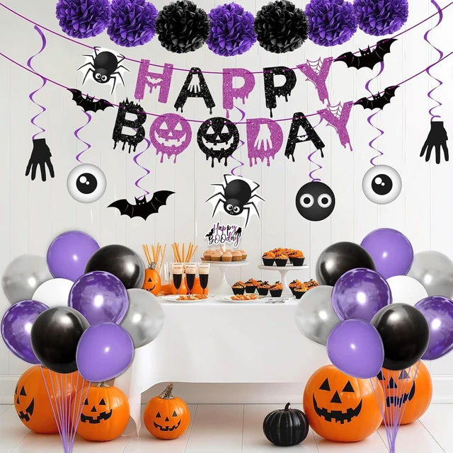 Alt view image 9 of 14 - Halloween Birthday Party Decorations Balloon Banner Paper Pompom Cake Topper Hanging Swirl for Halloween Happy Boo Day Party Supplies