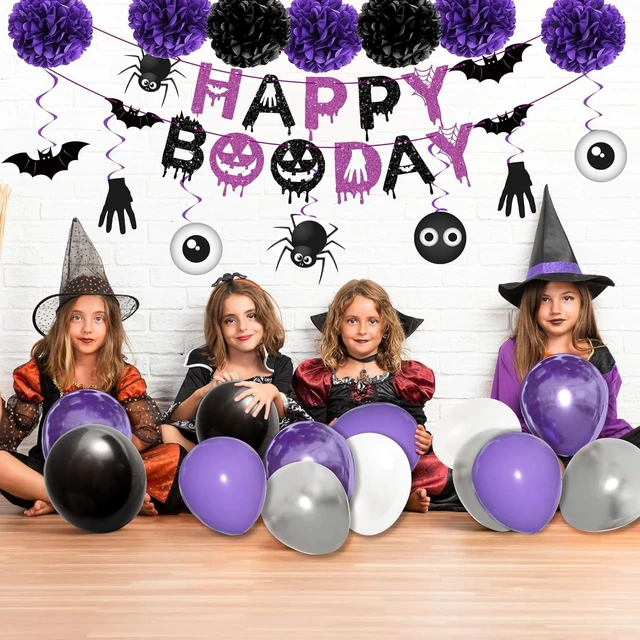Alt view image 11 of 14 - Halloween Birthday Party Decorations Balloon Banner Paper Pompom Cake Topper Hanging Swirl for Halloween Happy Boo Day Party Supplies
