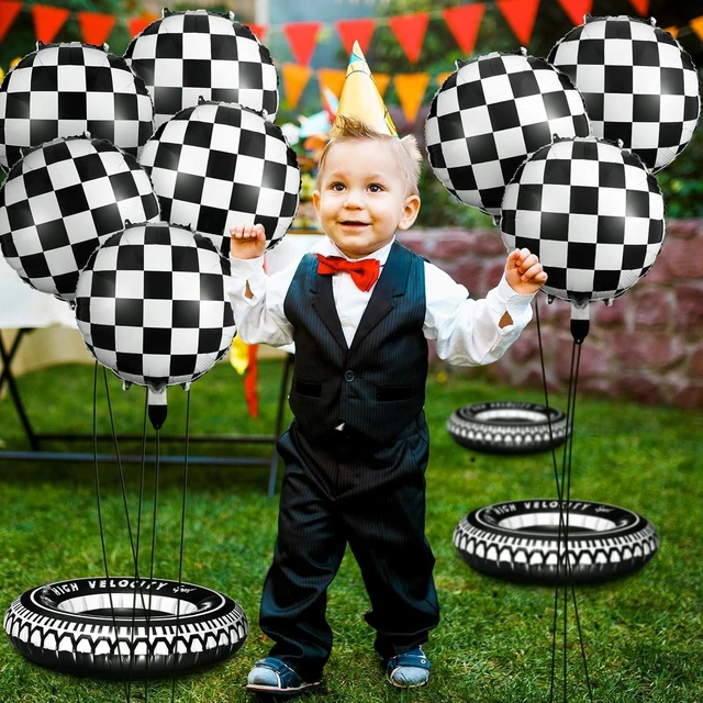 Alt view image 13 of 14 - 14 Pcs Car Decorations Racing Cars Birthday Party Supplies 4 Tire Tube Swim Ring Inflatable Tire Floats for Pool with 10 Balloons 18 Inch Race Balloons for Birthday Party(Plaid Style)