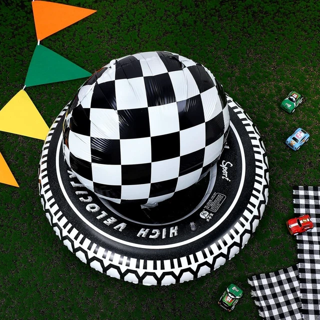 Alt view image 14 of 14 - 14 Pcs Car Decorations Racing Cars Birthday Party Supplies 4 Tire Tube Swim Ring Inflatable Tire Floats for Pool with 10 Balloons 18 Inch Race Balloons for Birthday Party(Plaid Style)