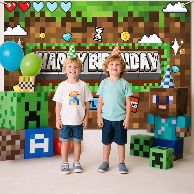 Alt view image 9 of 14 - Pixel Birthday Party Decorations Pixel Video Game Banner for Miner Birthday Party Backdrop Photo Background Wall Decor Mining Party Supplies