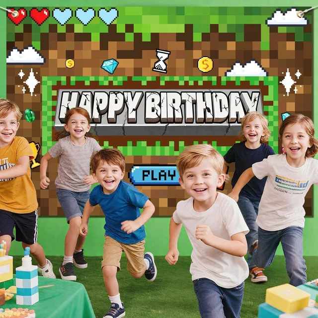 Alt view image 12 of 14 - Pixel Birthday Party Decorations Pixel Video Game Banner for Miner Birthday Party Backdrop Photo Background Wall Decor Mining Party Supplies