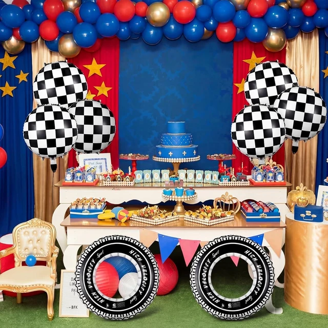 Alt view image 9 of 14 - 14 Pcs Car Decorations Racing Cars Birthday Party Supplies 4 Tire Tube Swim Ring Inflatable Tire Floats for Pool with 10 Balloons 18 Inch Race Balloons for Birthday Party(Plaid Style)