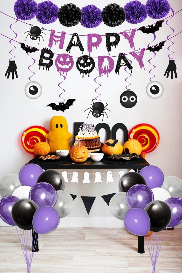 Alt view image 13 of 14 - Halloween Birthday Party Decorations Balloon Banner Paper Pompom Cake Topper Hanging Swirl for Halloween Happy Boo Day Party Supplies