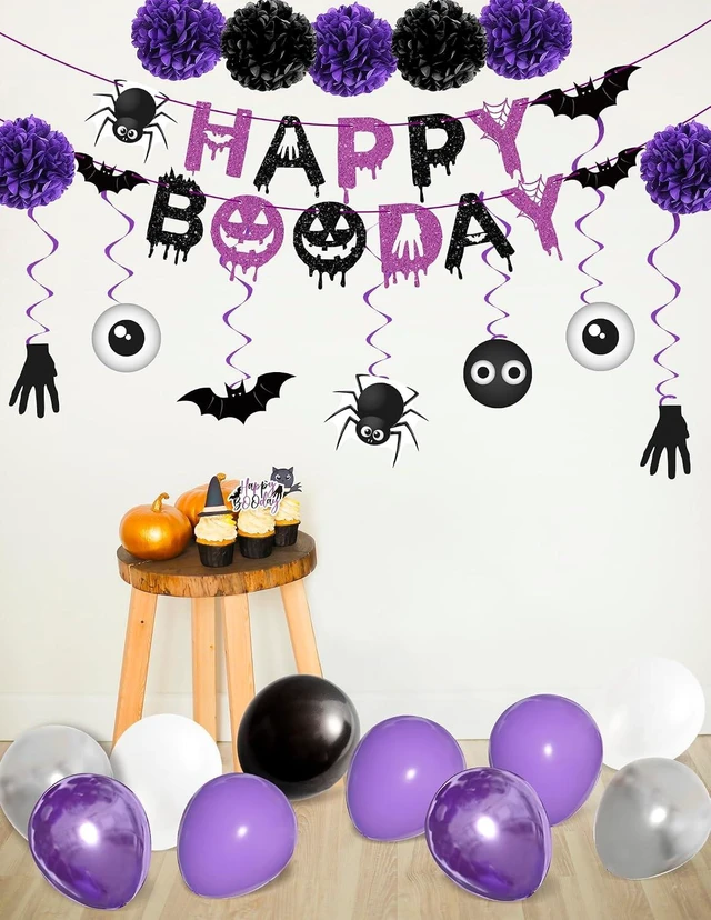 Alt view image 14 of 14 - Halloween Birthday Party Decorations Balloon Banner Paper Pompom Cake Topper Hanging Swirl for Halloween Happy Boo Day Party Supplies