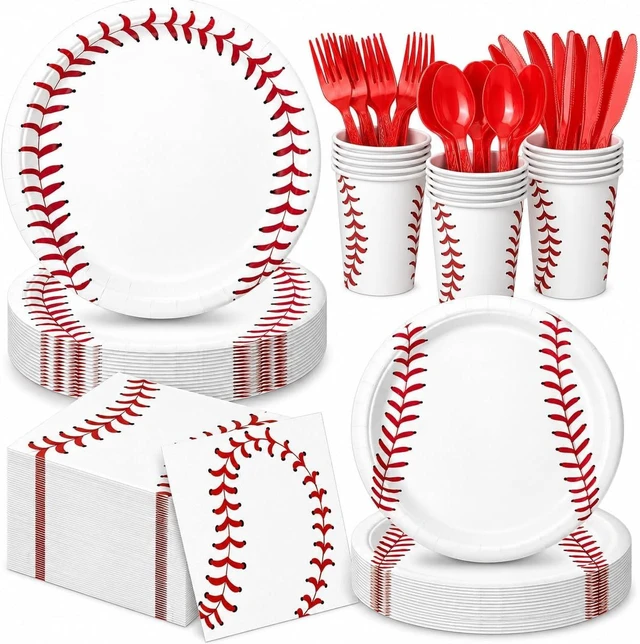 Alt view image 8 of 14 - 140 PCS Baseball Birthday Decorations, Baseball Party Supplies Includes Plates, Napkins, Cups, Cutlery for Sports Baseball Party Decorations