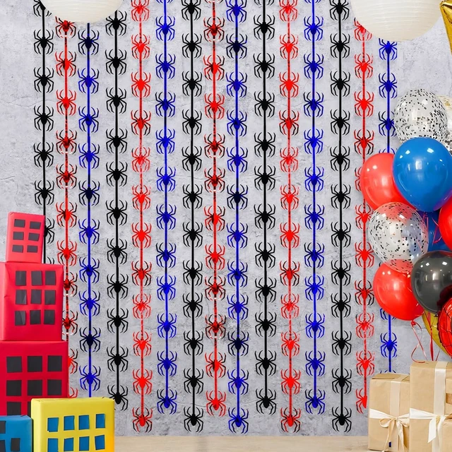 Alt view image 8 of 14 - Bupelo Spider Web Birthday Decorations,2 Pack Red Black and Blue Spider Birthday Party Supplies 3.3 x 6.6ft Tinsel Foil Fringe Curtains Photo Booth Props Backdrop Streamers, House Room Decor for Boys