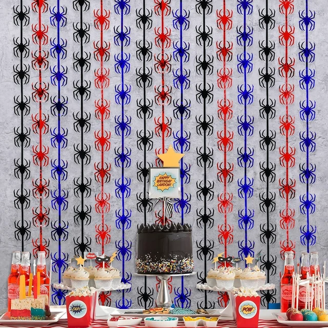 Alt view image 10 of 14 - Bupelo Spider Web Birthday Decorations,2 Pack Red Black and Blue Spider Birthday Party Supplies 3.3 x 6.6ft Tinsel Foil Fringe Curtains Photo Booth Props Backdrop Streamers, House Room Decor for Boys