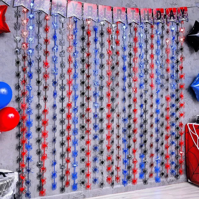 Alt view image 9 of 14 - Bupelo Spider Web Birthday Decorations,2 Pack Red Black and Blue Spider Birthday Party Supplies 3.3 x 6.6ft Tinsel Foil Fringe Curtains Photo Booth Props Backdrop Streamers, House Room Decor for Boys