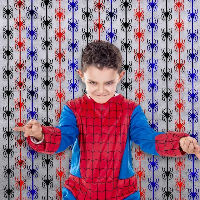 Alt view image 12 of 14 - Bupelo Spider Web Birthday Decorations,2 Pack Red Black and Blue Spider Birthday Party Supplies 3.3 x 6.6ft Tinsel Foil Fringe Curtains Photo Booth Props Backdrop Streamers, House Room Decor for Boys