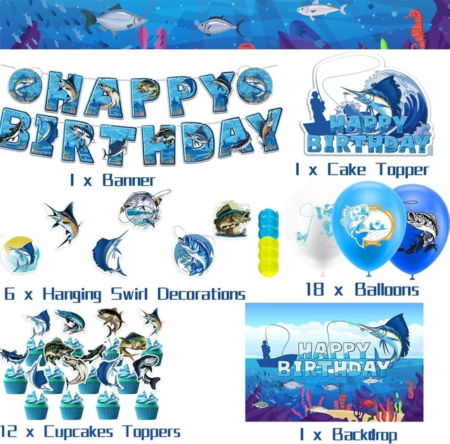 Alt view image 9 of 14 - Gone Fishing Birthday Party Decorations Fishing Party Supplies Includes Gone Fishing Birthday Banner Hanging Swirls Background Cake Topper Cupcake Toppers Balloons for Fishing Party Decorations