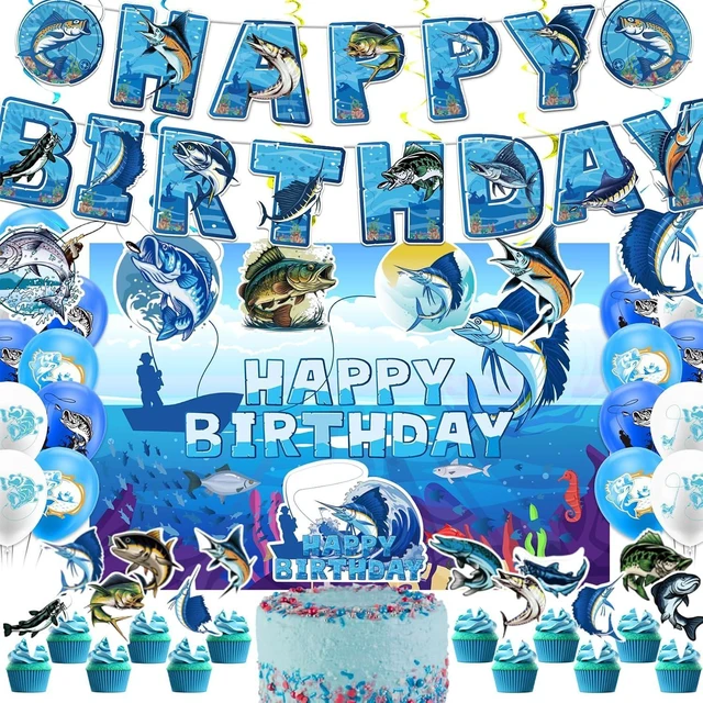 Alt view image 8 of 14 - Gone Fishing Birthday Party Decorations Fishing Party Supplies Includes Gone Fishing Birthday Banner Hanging Swirls Background Cake Topper Cupcake Toppers Balloons for Fishing Party Decorations