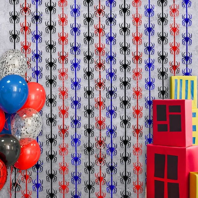 Alt view image 13 of 14 - Bupelo Spider Web Birthday Decorations,2 Pack Red Black and Blue Spider Birthday Party Supplies 3.3 x 6.6ft Tinsel Foil Fringe Curtains Photo Booth Props Backdrop Streamers, House Room Decor for Boys