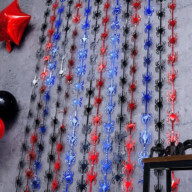 Alt view image 11 of 14 - Bupelo Spider Web Birthday Decorations,2 Pack Red Black and Blue Spider Birthday Party Supplies 3.3 x 6.6ft Tinsel Foil Fringe Curtains Photo Booth Props Backdrop Streamers, House Room Decor for Boys