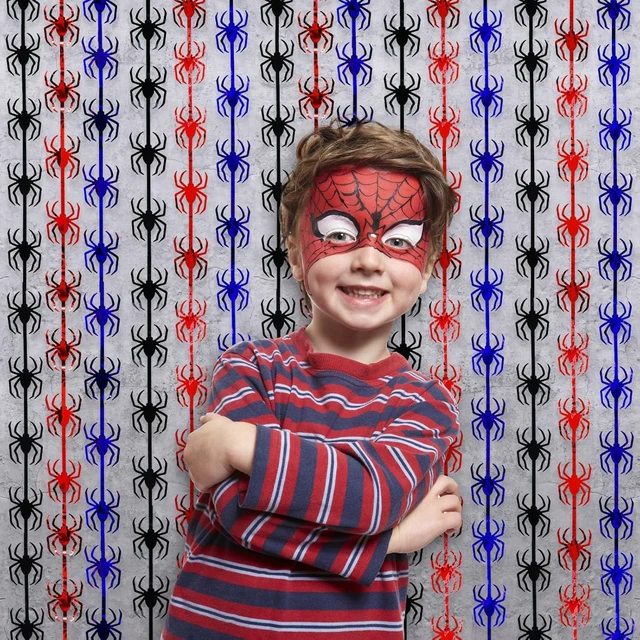 Alt view image 14 of 14 - Bupelo Spider Web Birthday Decorations,2 Pack Red Black and Blue Spider Birthday Party Supplies 3.3 x 6.6ft Tinsel Foil Fringe Curtains Photo Booth Props Backdrop Streamers, House Room Decor for Boys